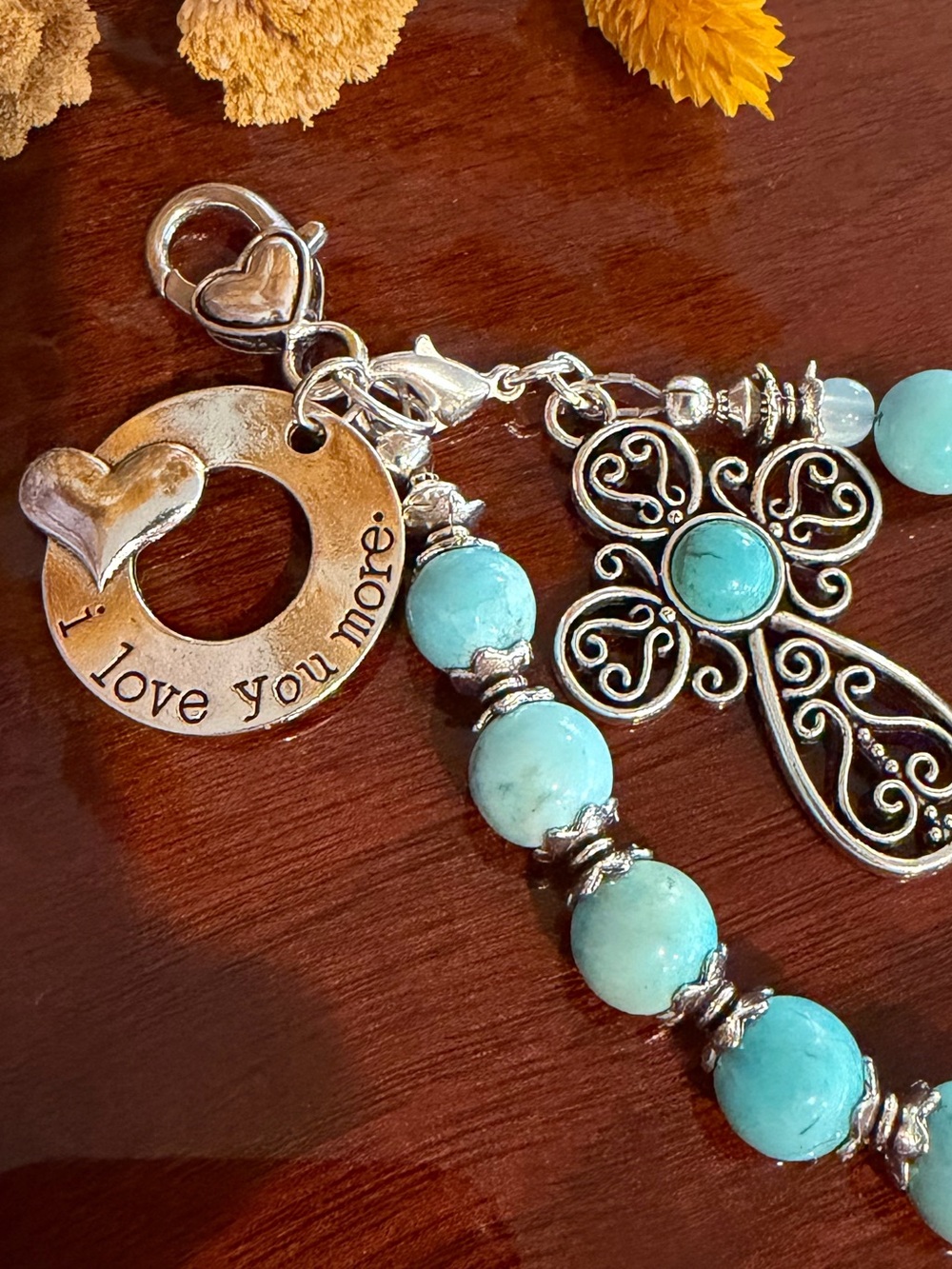 NEW Silver Turquoise  Cross “I Love You More” Charm Turquoise Beaded Handbag